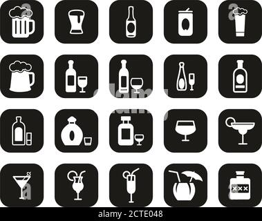 Alkoholische Getränke Icons Weiß Auf Schwarz Flat Design Set Groß Stock Vektor