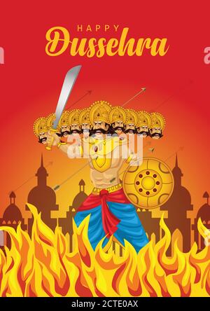 Happy Dussehra Navratri Plakat-Festival von Indien.Vektor-Illustration von Ravana mit Waffe. Stock Vektor