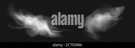 Kalter Wind mit weißem Rauch und fliegenden Schneeflocken. Vektor realistische Satz von Frost weht Luft, Winter Schneesturm Brise. Fluss von gefrorenen Nebelwolken mit Schnee isoliert auf transparentem Hintergrund Stock Vektor
