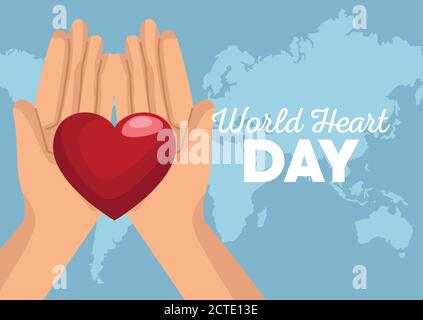 World Heart Day Schriftzug mit Händen heben Herz und Erde Karten Vektor Illustration Design Stock Vektor