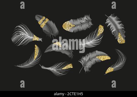 Vector Gold, rosa, silberne Federn Sammlung auf einem weißen Hintergrund gesetzt. Stock Vektor