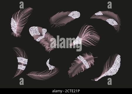 Vector Gold, rosa, silberne Federn Sammlung auf einem weißen Hintergrund gesetzt. Stock Vektor