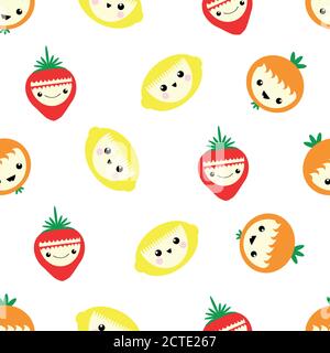 Cute kawaii Zitrusfrüchte und Erdbeere nahtlose Vektor-Muster Hintergrund. Lachende Cartoon Zitronen, Orangen, Beeren auf weißem Hintergrund. Witzig, schrullig Stock Vektor