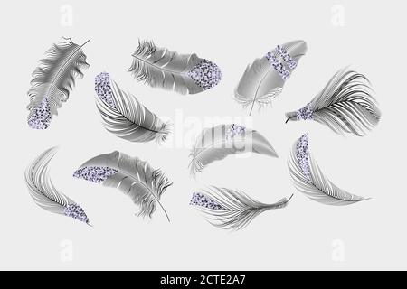 Vector Gold, rosa, silberne Federn Sammlung auf einem weißen Hintergrund gesetzt. Stock Vektor