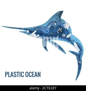 Text - Plastikmeer. Schwertfisch für Laserschneiden, Plotter und Scrapbooking. Plastikmüll Planet Verschmutzung Konzept Vektor Illustration. Schwertfisch raus Stock Vektor