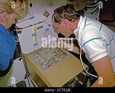 (12 - 20 September 1992) - - - Astronauten Jan Davis, Mission Specialist, und Curtis Brown, Jr., Pilot, die Fortschritte, die von einigen der 180 weibliche Orientalische Hornissen an Bord des Space Shuttle Endeavour beaufsichtigen. Stockfoto