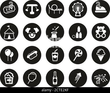 Vergnügungspark Icons Weiß Auf Schwarz Flat Design Kreis Set Groß Stock Vektor