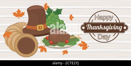 Happy Thanksgiving Day Poster mit Pilgerhut und türkei in Holzhintergrund Vektor Illustration Design Stock Vektor