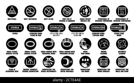 Vollständige Vektorpaket Sammlung von Desinfektionsmittel Symbole für medizinische Geräte, Geräte, Instrumente, Materialien. Sterile und unsterile schwarze Symbole Stock Vektor