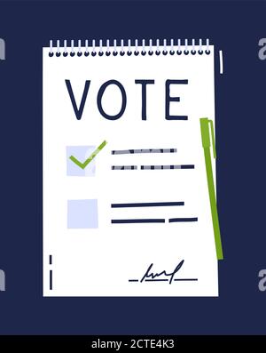 Abstimmdokument Bulletin Konzept. Cute Cartoon-Liste, Wahl der Optionen und Stift. Wahlwahl Wahlkonzept. Doodle handgezeichneter Stil. Vektorfarben Stock Vektor