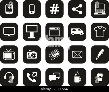 Werbemittel Icons Weiß Auf Schwarz Flat Design Set Groß Stock Vektor