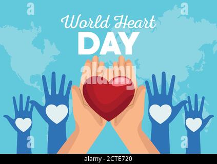 World Heart Day Schriftzug mit Händen heben Herz und Menschen Hands Up Vektorgrafik Design Stock Vektor