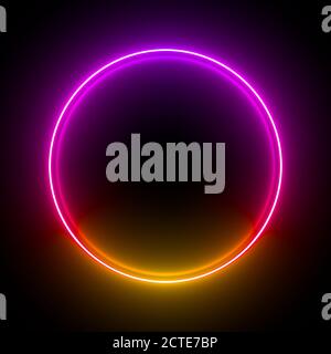 Mehrfarbige Neonlampe auf schwarzem Hintergrund. Halogenlicht. Einfache Figur. Verschwommene Reflexion. 3d-Rendering-Bild. Stockfoto