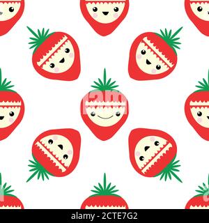Cute kawaii Erdbeere nahtlose Vektor-Muster Hintergrund. Glücklich lächelnd und lachend Frucht Cartoon Gesichter auf weißem Hintergrund. Lustige Illustration für Kinder Stock Vektor