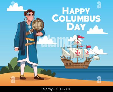 Columbus Tag Feier Szene von christopher Heben Weltkarte auf Der Strand Vektor Illustration Design Stock Vektor