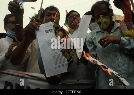 Kalkutta, Indien. September 2020. Mitglieder der indischen oppositionellen Kongresspartei und Aktivisten des West Bengalen Pradesh Kishan Kongresskomitees rufen Slogans auf, brennen Kopien während eines Protestes gegen Modi's Regierung über die Verabschiedung neuer Agrarrechnungen im parlament und die Arbeitslosigkeit in Kalkutta. (Foto von Dipa Chakraborty/Pacific Press) Quelle: Pacific Press Media Production Corp./Alamy Live News Stockfoto