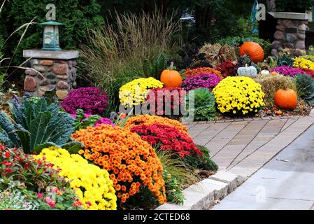 Farben des Herbsthintergrunds. Helle Farben Herbstsaison Outdoor-Dekoration mit Topfchrysanthemen und ungewöhnlichen Kürbissen auf den Heuziegeln als Teil Stockfoto