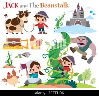 Vektor-Illustration von Cartoon-Figuren Jack und die Bohnenstange. Märchenfiguren eingestellt. Stock Vektor