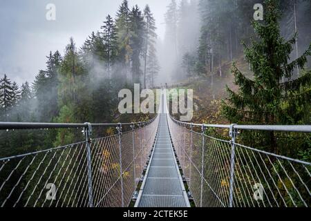 Hängebrücke aus Metall über dem schönen Rabby-Tal im Nebel irgendwo in Norditalien im Frühherbst. Stockfoto