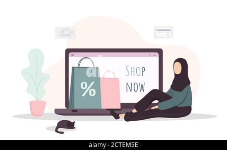 Frau beim Einkaufen. Happy arab Girl Shop in einem Online-Shop. Vektor Cartoon Illustration isoliert auf weißem Hintergrund. Vorlage für Promotion und Verkauf. Stock Vektor