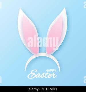 Lustiges Häschen. Frohe Ostern Ohren Papier geschnitten Maske. Origami White Rabbit Ohr Frühling Hut. Saisonale Grußkarte. Blauer Hintergrund. Vektorgrafik. Stock Vektor