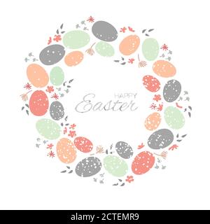 Ostereier. Kranz mit schönen Blumen. Frohe Ostern Grußkarte. Leerzeichen für Text. Vektorgrafik Stock Vektor