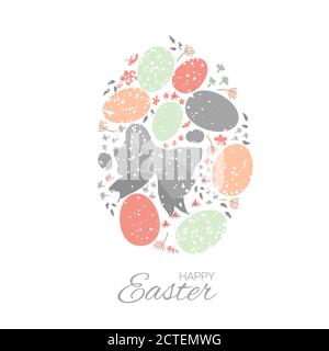 Ostereier. Schöne Schleife und Blumen. Pastellgrau Glückliche Ostern Grußkarte. Leerzeichen für Text. Vektorgrafik Stock Vektor