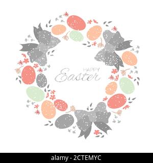 Ostereier. Pastellkranz mit schöner Schleife und Blumen. Frohe Ostern Grußkarte. Leerzeichen für Text. Vektorgrafik Stock Vektor