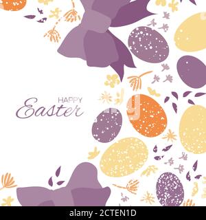 Ostereier. Schöne Schleife und Blumen. Pastell lila Glückliche Ostern Grußkarte. Leerzeichen für Text. Vektorgrafik Stock Vektor