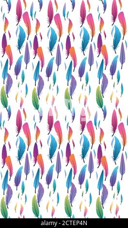 Nahtlose Textur von bunten Federn in einer Reihe auf weißem Hintergrund. Vektor-Muster für Tapeten, Stoffe und Ihr Design Stock Vektor