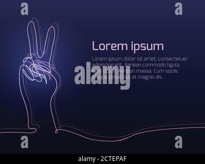 Neon-Illustration der Geste der Hand aus durchgehender Linie. Die Geste des Friedens mit Platz für Text. Vektor-Element für Präsentation, Banner und Ihre Stock Vektor