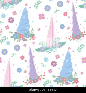 Nahtlos sanftes Muster mit Einhorn-Hörnern, Blumenkränzen und Sternen auf weißem Hintergrund. Vektor-Textur für Tapeten, Stoffe und Ihre Kreativ Stock Vektor