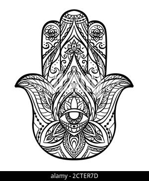 Schwarze Darstellung von Hamsa mit Boho-Muster. Buddhas Hand. Vektor-Element für Ihre Skizze von Tattoo, Malbuch, T-Shirt-Print und Ihr Design. Stock Vektor