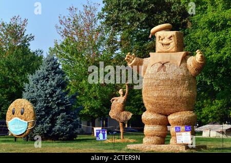 Mt. Morris, Illinois, USA. Der erste Platz People's Choice Award Gewinner, rechts, am Mt. Morris Stroh Bildhauerei Wettbewerb. Stockfoto