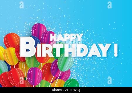 Realistische Flying Paper Cut Ballons. Bunte Dekoration für Party, Feier, Banner, Karte, Geschenk. Glückwunschkarte zum Geburtstag. Vektorgrafik Stock Vektor