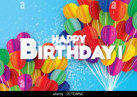 Realistische Flying Paper Cut Ballons. Bunte Dekoration für Party, Feier, Banner, Karte, Geschenk. Glückwunschkarte zum Geburtstag. Vektorgrafik Stock Vektor