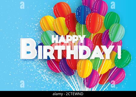 Realistische Flying Paper Cut Ballons. Bunte Dekoration für Party, Feier, Banner, Karte, Geschenk. Glückwunschkarte zum Geburtstag. Vektorgrafik Stock Vektor