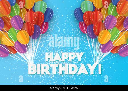 Realistische Flying Paper Cut Ballons. Bunte Dekoration für Party, Feier, Banner, Karte, Geschenk. Glückwunschkarte zum Geburtstag. Vektorgrafik Stock Vektor