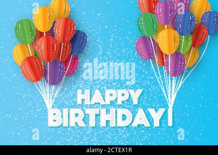 Realistische Flying Paper Cut Ballons. Bunte Dekoration für Party, Feier, Banner, Karte, Geschenk. Glückwunschkarte zum Geburtstag. Vektorgrafik Stock Vektor