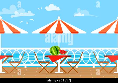Restaurant House Patio mit Gartenstühlen und Tisch mit Sonnenschirm auf der Terrasse Balkon. Blick auf das Meer. Wasserlandschaft. Picknick mit Wassermelone. Stock Vektor