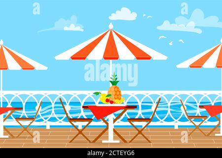Restaurant House Patio mit Gartenstühlen und Tisch mit Sonnenschirm auf der Terrasse Balkon. Blick auf das Meer. Wasserlandschaft. Picknick mit Ananas,ch Stock Vektor