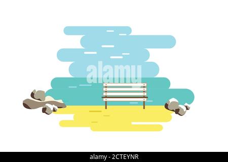 Strand und Bank. Blick auf das Meer. Wasserlandschaft. Sand. Stein. Vektordarstellung im flachen Stil. Stock Vektor