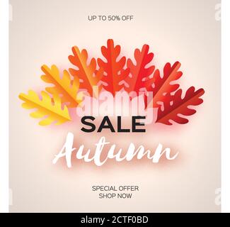 Herbstverkauf Papier geschnitten Blätter. September-Flyer-Vorlage. Leerzeichen für Text. Origami Blatt. Eiche. Herbstblatt Poster Hintergrund. Vektorgrafik. Stock Vektor