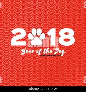 2018 Chinesisches Jahr des Hundes. Glückliche Chinesische Neujahrsgrüßkarte. Papiergeschnittene Hundepfote. Für Text platzieren. Roter Hintergrund. Kreismuster .Vektor Stock Vektor