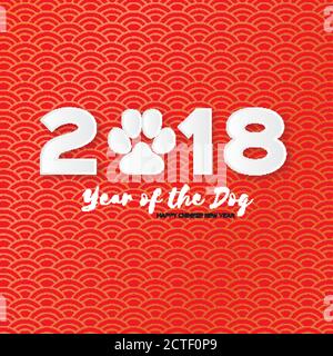 2018 Chinesisches Jahr des Hundes. Glückliche Chinesische Neujahrsgrüßkarte. Papiergeschnittene Hundepfote. Für Text platzieren. Roter Hintergrund. Kreismuster .Vektor Stock Vektor