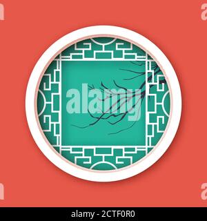 Papierschnitt chinesisches traditionelles Fenster. Origami-Rundrahmen. Kirschzweig. Vektorgrafik. Stock Vektor