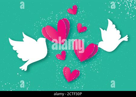 Origami Happy Valentinstag Grußkarte. Flying Love Birds im Papierschnitt-Stil. Ein paar Tauben in der Liebe. Romantisches rosafarbenes Herz. Zwei weiße Tauben Stock Vektor