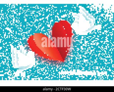 Origami Happy Valentinstag Grußkarte. Flying Love Birds im Papierschnitt-Stil. Ein paar Tauben in der Liebe. Romantisches rotes Herz. Zwei weiße Tauben Stock Vektor