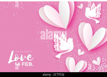 Alles was du brauchst ist Liebe. Origami Happy Valentinstag Grußkarte. Flying Love Birds im Papierschnitt-Stil. Ein paar Tauben in der Liebe. Romantischer weißer h Stock Vektor