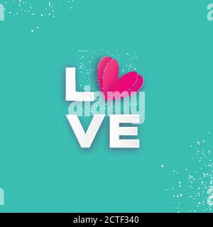 LOVE Typographic Schriftzug mit Pink Paper Cut Herz. Grußkarte zum Valentinstag. Romantischer Urlaub. Blauer Himmel Hintergrund. 14. Februar. Vecto Stock Vektor